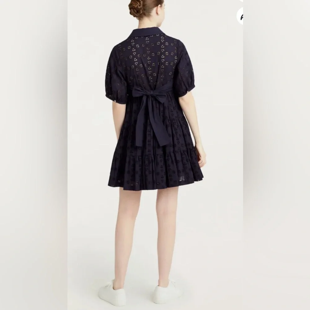 Cinq a Sept NWT‎ Alexie Dress 100% Cotton Navy Eyelet Lace Tie Mini Dress Size 8